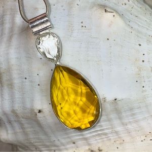 Sparkly Lemon Citrine + white Quartz Handcrafted facet cut pendant